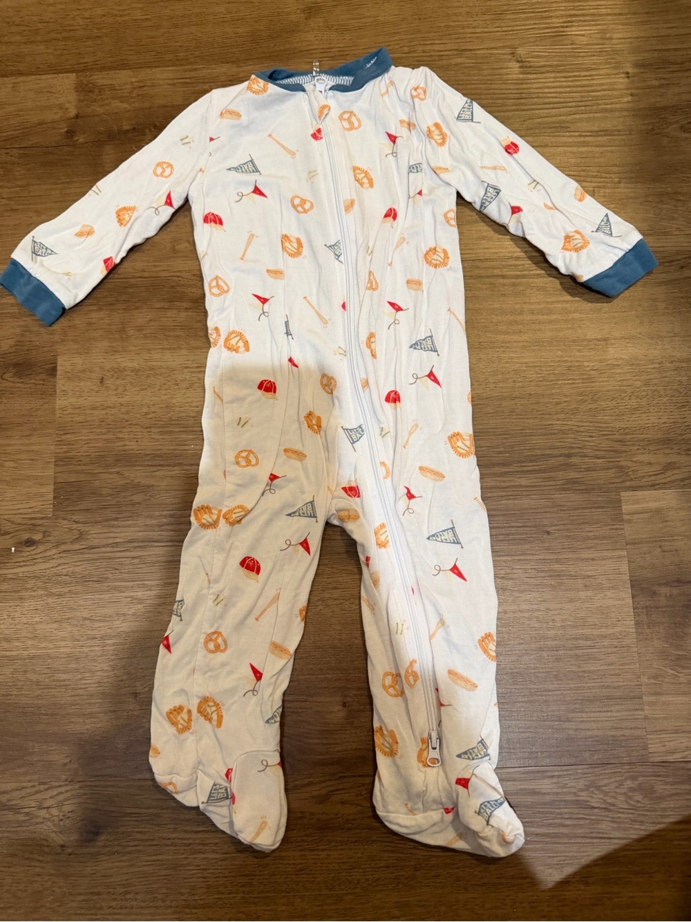 White Footed Kids Pajama Sleeper with Orange & Blue Snack Baseball Print